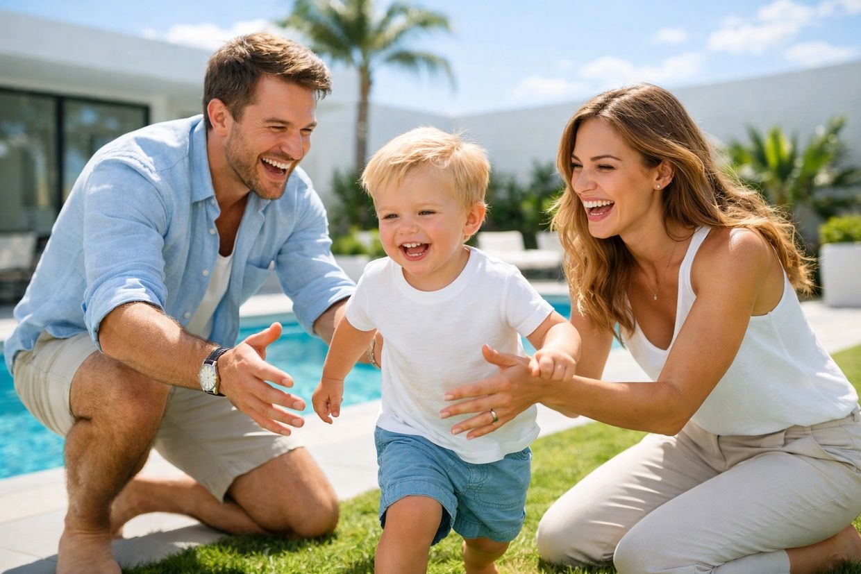 Happy family playing with toddler by a sunny backyard pool. Healthy lifestyle and parenting.