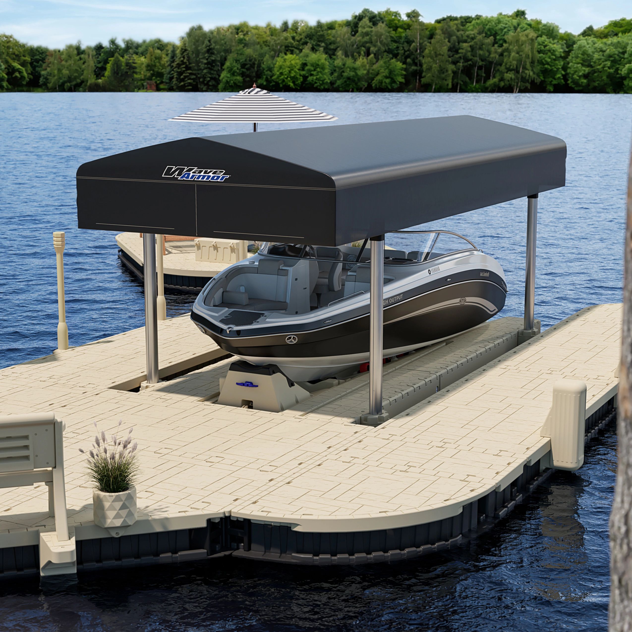 bowrider boat on a wave armor drive on boat lift. optional boat port canopy cover