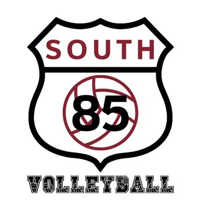 Volleyball-themed road sign with 'South 85' and a volleyball graphic.