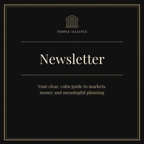 Elegant newsletter cover for Temple Alliance with a focus on markets, money, and planning.