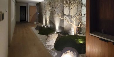 Indoor garden with spotlighted bare tree and rocks.