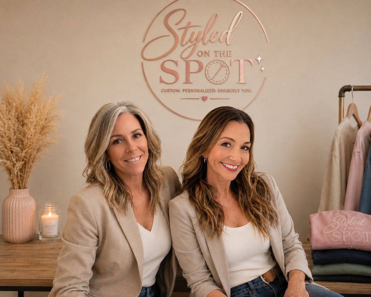 Two stylish women smiling in a cozy boutique setting with a "Styled on the Spot" sign.
