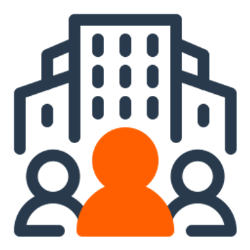 Icon of three people in front of a building, one in orange.