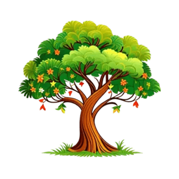 Colorful cartoon tree with green leaves and flowers.