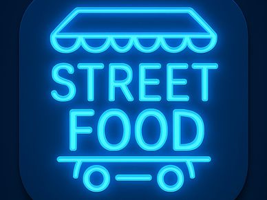 Neon sign glowing with the words 'Street Food'.