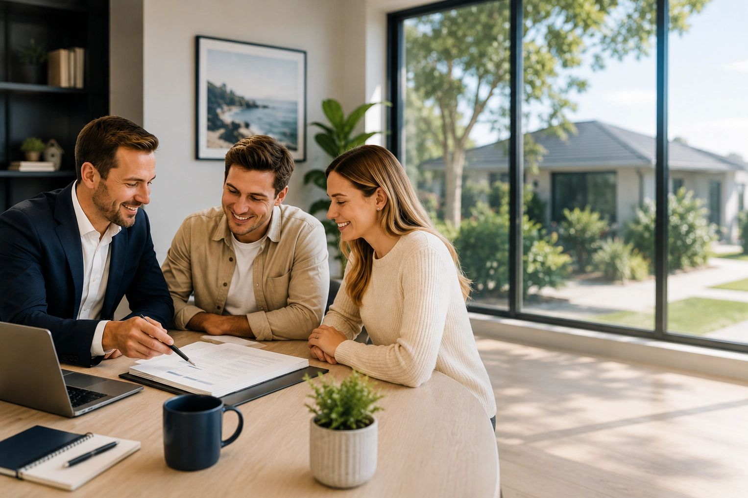 Mortgage broker helping a young Australian couple buy their first home.