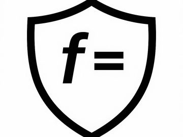 Black shield outline with the letter 'f' and an equal sign inside.