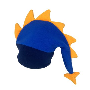 Blue and yellow fleece hat with spikes and a tail-like extension.