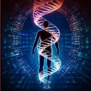 Silhouette of a human inside a glowing DNA helix with digital background.