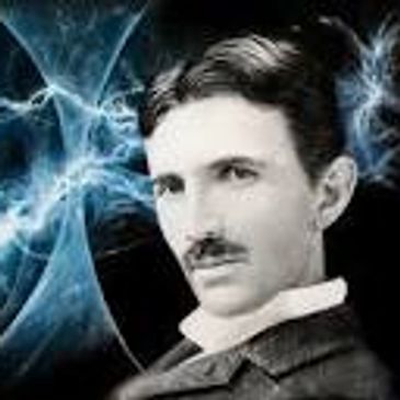 Portrait of Nikola Tesla with electrical energy effects.