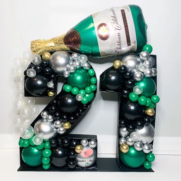 Two digit 2.5ft balloon mosaic with foil balloon champagne bottle 