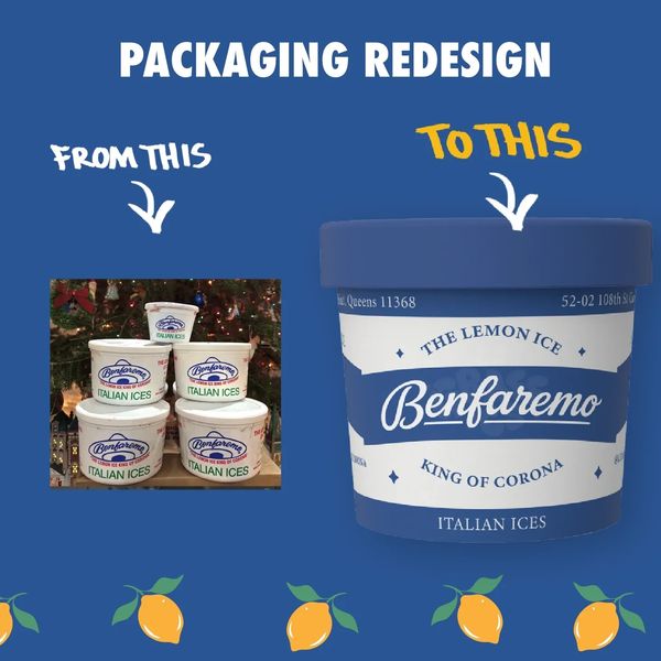 Benfaremo Italian Ices packaging redesigned from white to blue with modern typography.