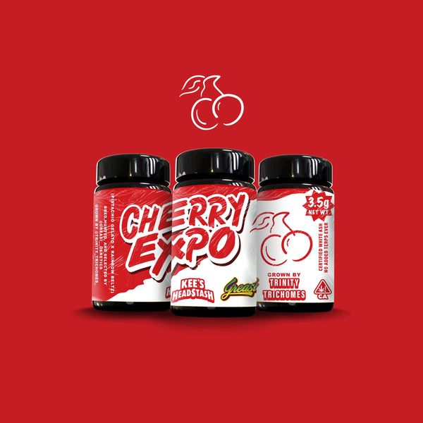 Three jars of Cherry Expo cannabis flower with red and white labels on a red background.