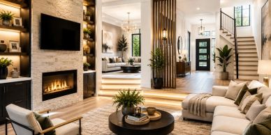 Modern living room with fireplace and stylish furniture.