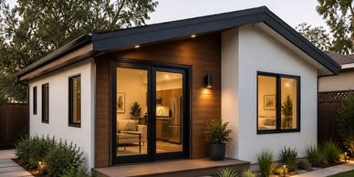 Modern small house with warm lighting and plants.