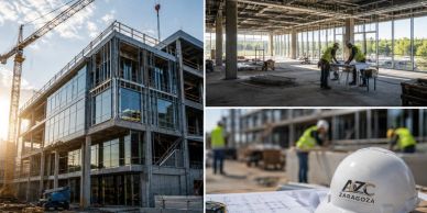 Construction site with workers and building framework.