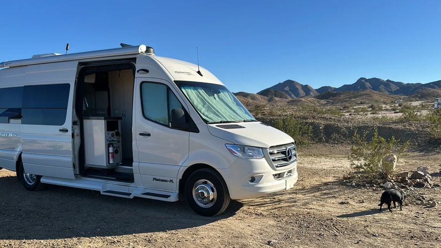White Mercedes camper van parked in desert with open door and small black pig nearby.