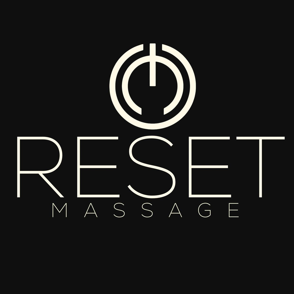 Modern logo for Reset Massage with power symbol and clean typography.