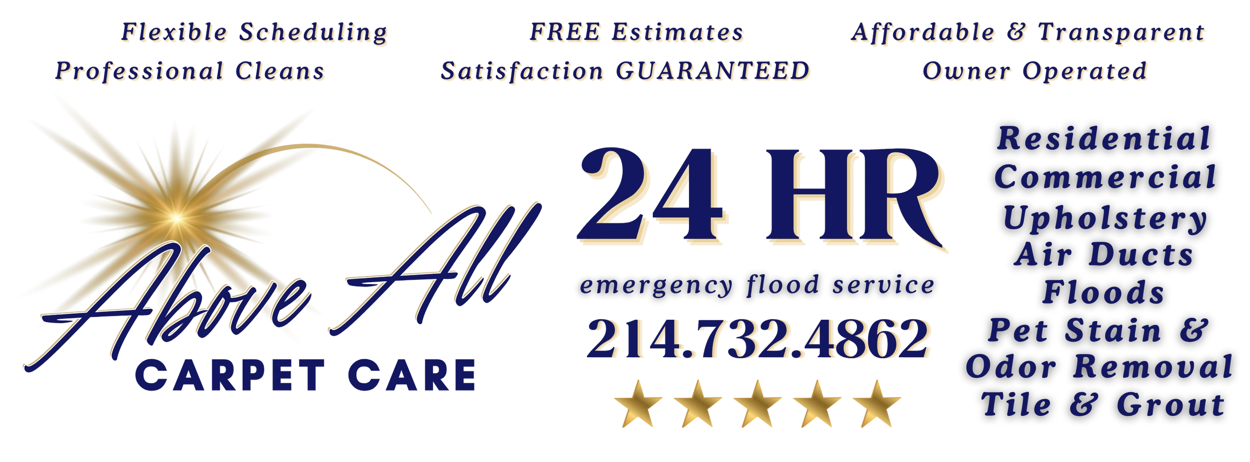 Above All Carpet Care offers 24-hour emergency flood service with flexible scheduling and satisfaction guaranteed.