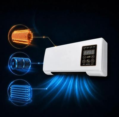 Wall-mounted air conditioner with highlighted internal components.