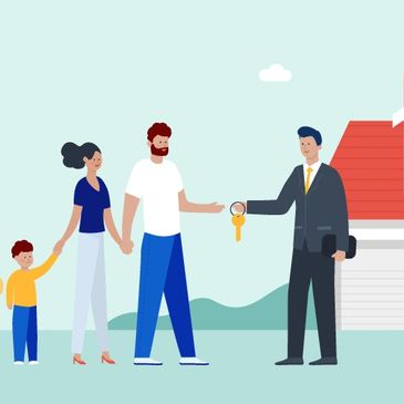 Real estate agent handing house keys to a happy family.