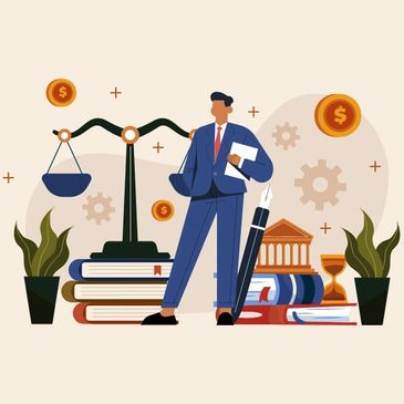 Businessman standing by scales of justice with books and money symbols.