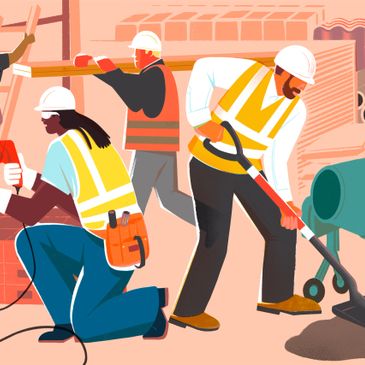 Construction workers collaborating on a building site with safety gear.