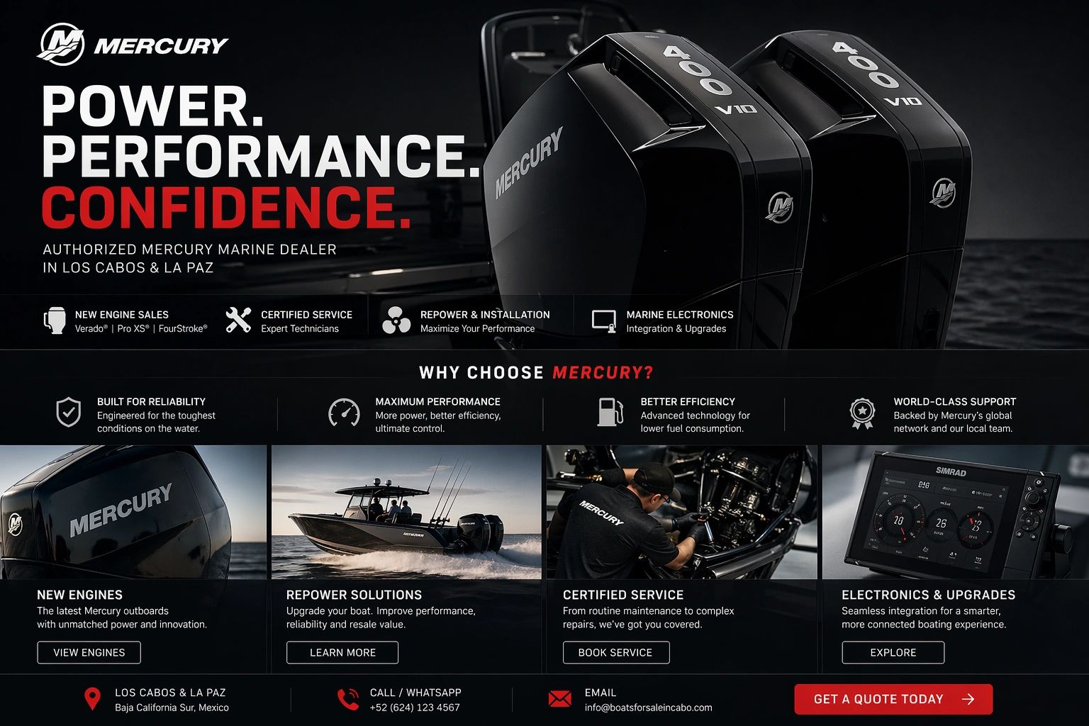 Mercury Marine Dealer in Los Cabos & La Paz
Sales • Service • Repowers • Certified Installation