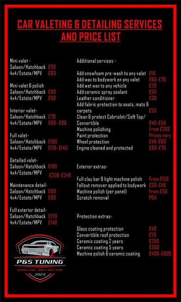 Detailing price list