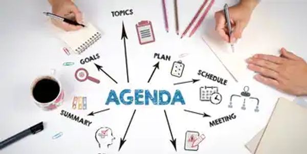 An agenda mind map with related terms and people planning around it.