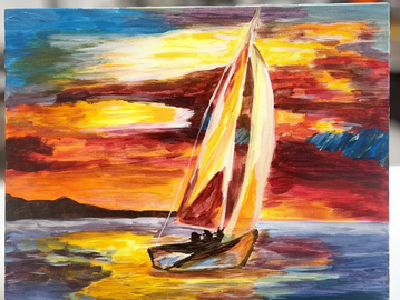 A vibrant painting of a sailboat at sunset on the water.
