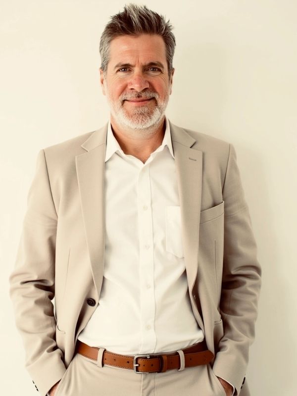Confident middle-aged man in beige suit smiling warmly against a neutral background.