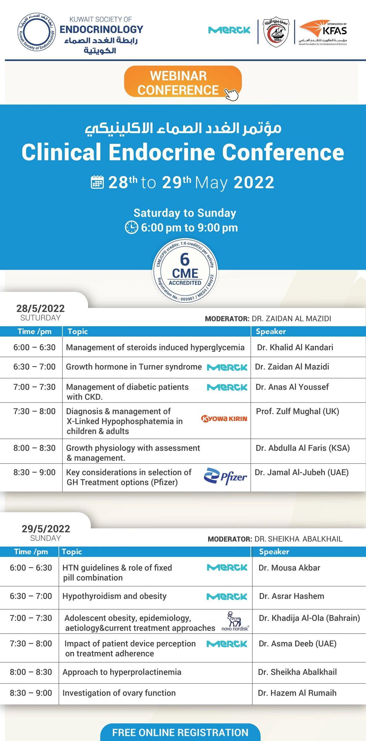 Schedule for the Clinical Endocrine Conference on May 28-29, 2022, with various expert speakers.