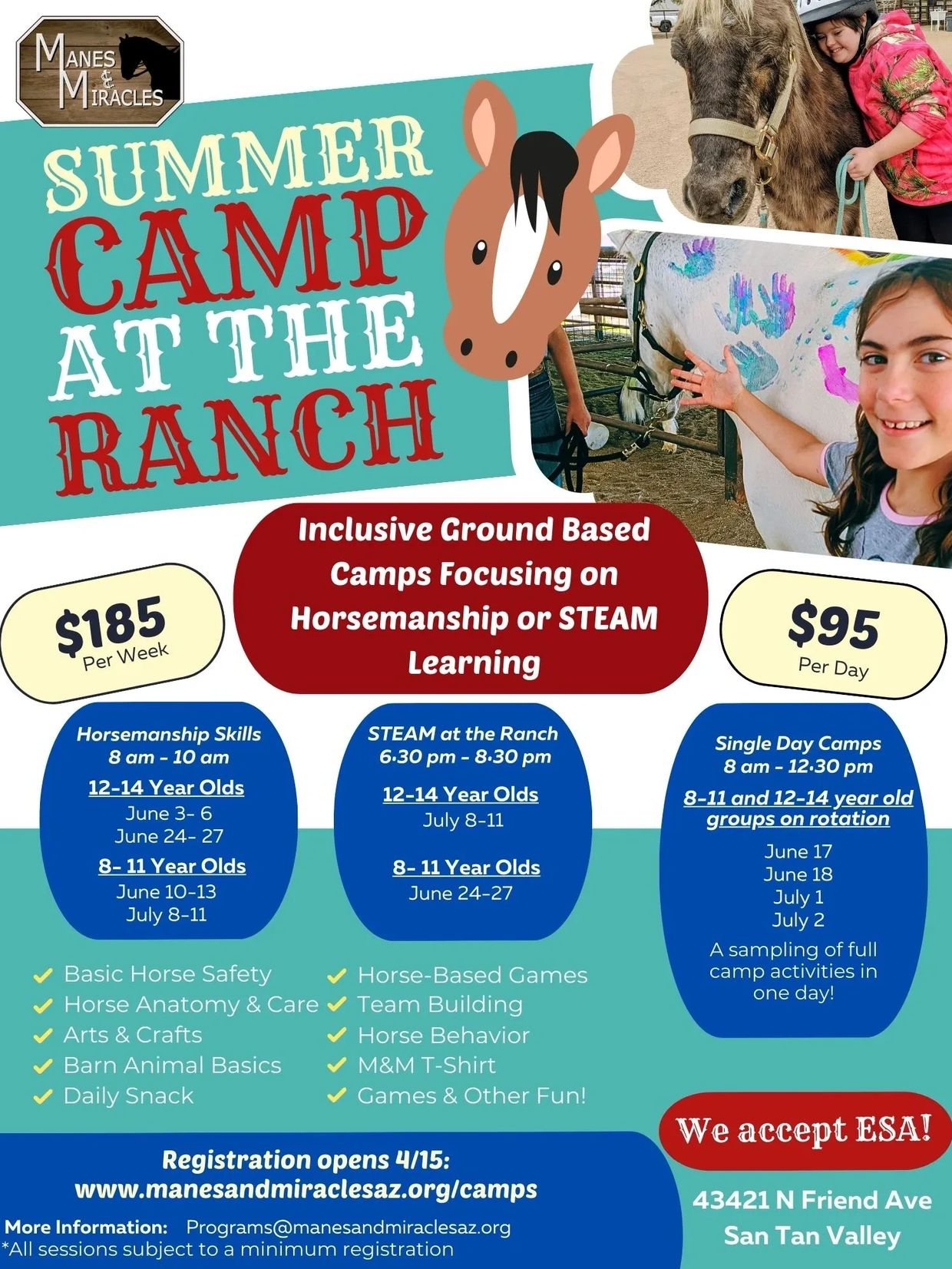 Flyer with information about Summer Camp at the Ranch including STEAM summer camp and horsemanship 