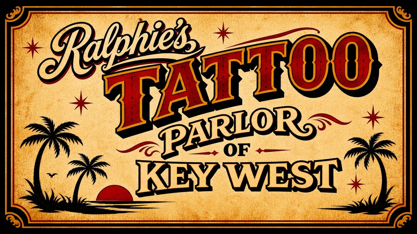 Vintage sign for Ralphie's Tattoo Parlor in Key West with palm trees and sunset.