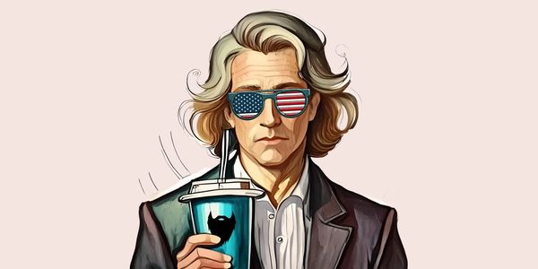 John Locke with American flag sunglasses holding a drink with a beard logo.