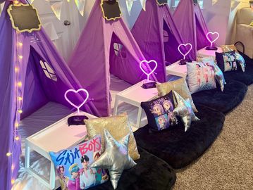 Camp Sweet Dreams Orlando slumber party tent rental K-Pop Demon Hunters theme sleepover teepee 