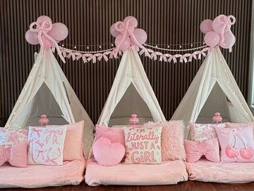 Camp Sweet Dreams Orlando slumber party tent rental theme sleepover teepee party Coquette pink bows