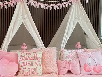 Camp Sweet Dreams Orlando slumber party tent rental theme sleepover teepee party Coquette pink bows