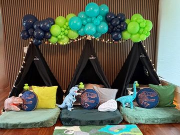Camp Sweet Dreams Orlando slumber party tent rental themed sleepover teepee Jurassic Park dinosaurs
