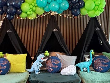 Camp Sweet Dreams Orlando slumber party tent rental themed sleepover teepee Jurassic Park dinosaurs