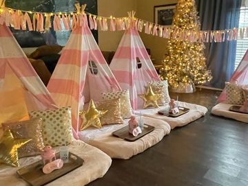 Camp Sweet Dreams Orlando slumber party tent rental themed sleepover teepee slumber squad pink gold 