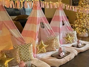 Camp Sweet Dreams Orlando slumber party tent rental themed sleepover teepee slumber squad pink gold 