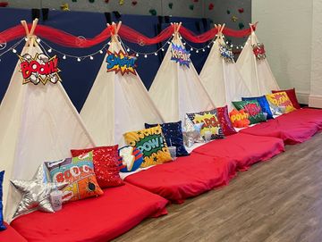 Camp Sweet Dream slumber party rental theme sleepover teepee Comic Book Super Hero 
