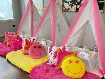 Camp Sweet Dreams Orlando slumber party tent rental themed sleepover teepee Preppy smiley face