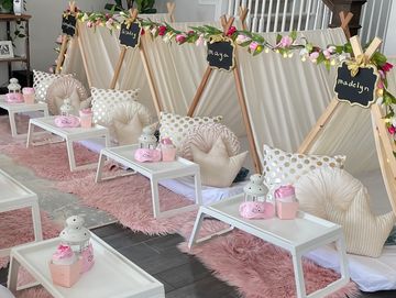 Camp Sweet Dreams Orlando slumber party tent rental theme sleepover teepee cream gold neutral teens