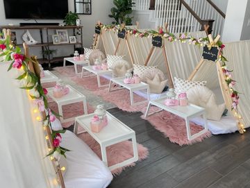 Camp Sweet Dreams Orlando slumber party tent rental theme sleepover teepee cream gold neutral teens