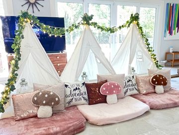 Camp Sweet Dreams Orlando slumber party tent rental theme sleepover teepee party mushroom boho
