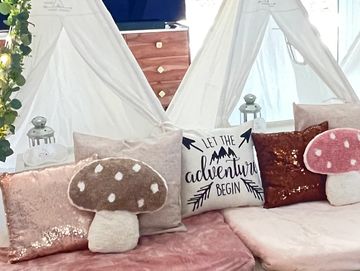 Camp Sweet Dreams Orlando slumber party tent rental theme sleepover teepee party mushroom boho