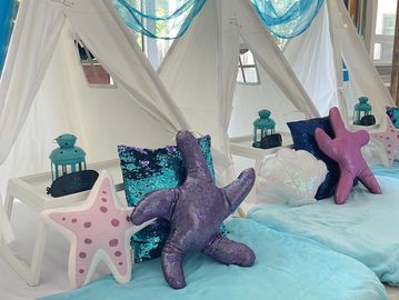 Camp Sweet Dreams Orlando slumber party tent rental themed sleepover teepee starfish seashells ocean
